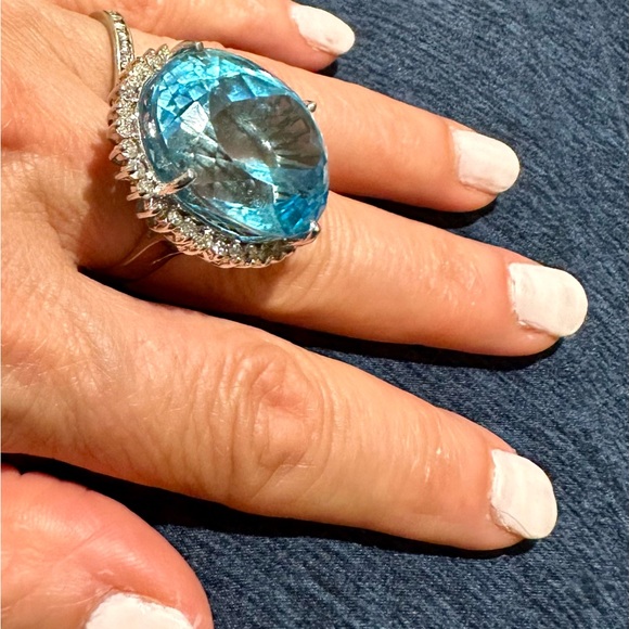 White Gold, London Blue Topaz with Diamonds Cocktail Ring - Picture 6 of 12